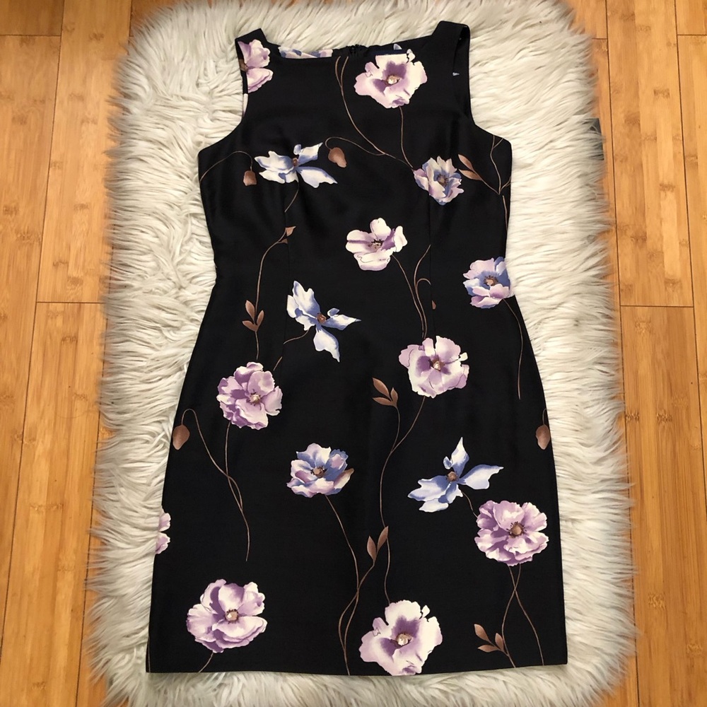 Ann Taylor Silk Floral Sleeveless Purple Black Sheath Mini Dress size 6P